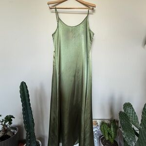 APPARIS Olive Satin Slip Dress | Midi Length | Adjustable Straps | XS